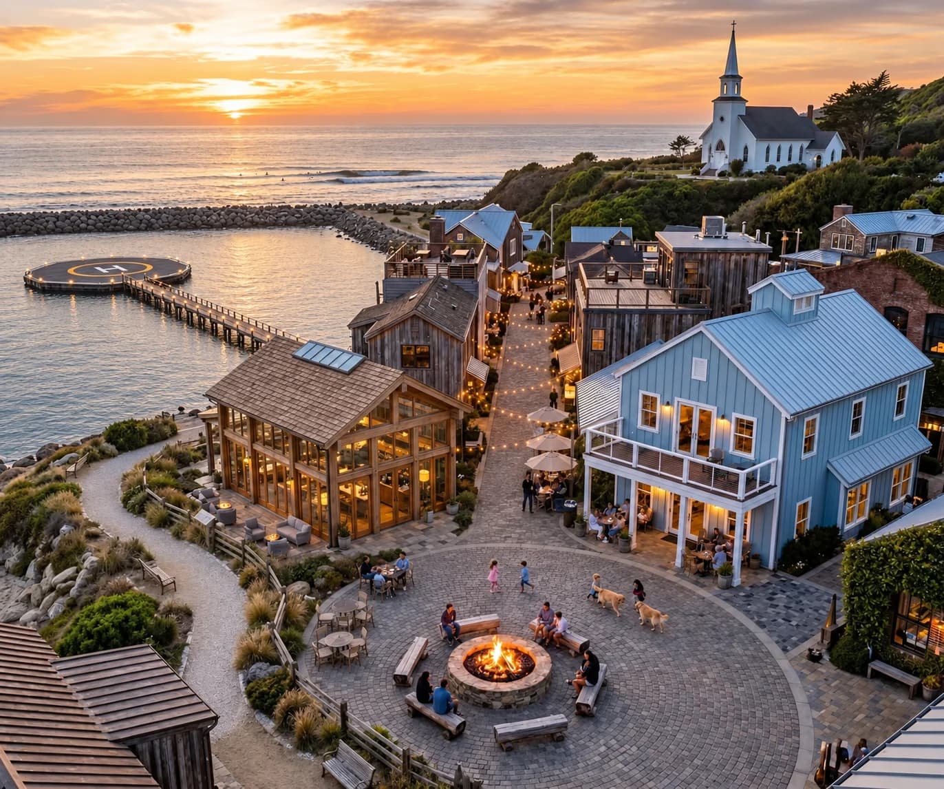 Coastal village at sunset with a waterfront helipad, shops and a community square