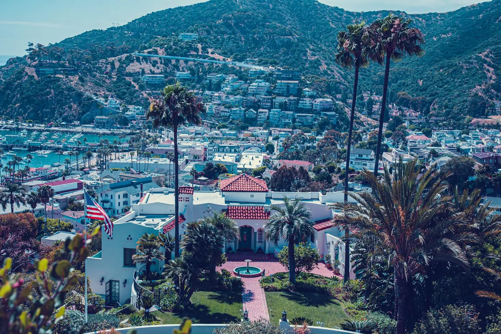 Aerial view of coastal village with colorful houses