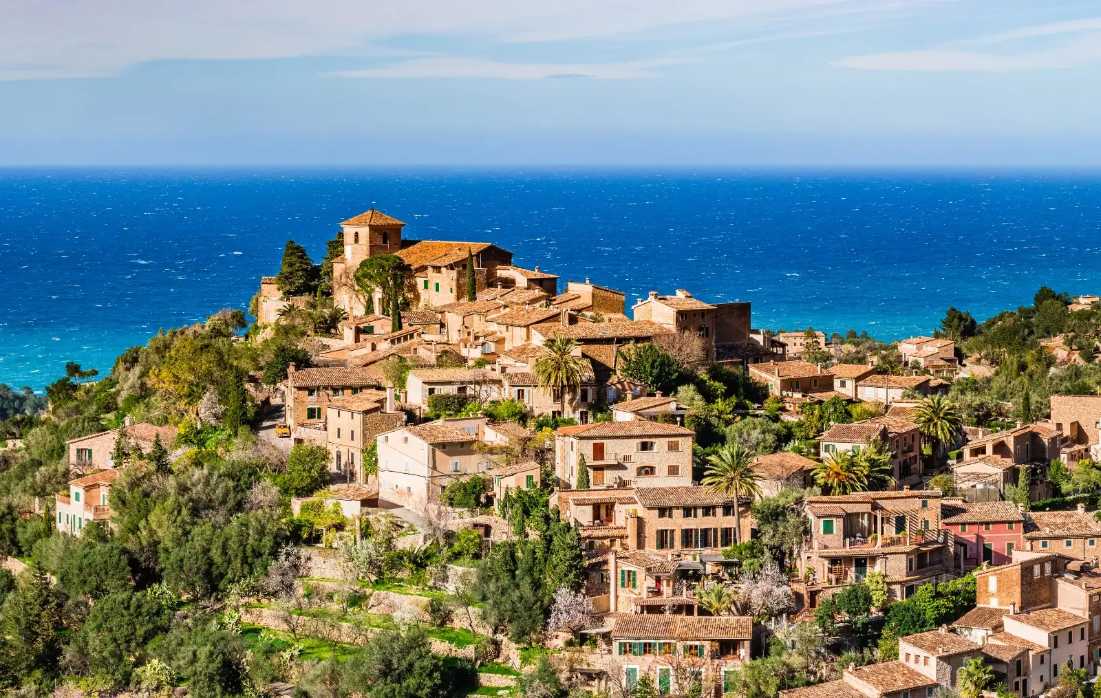 Coastal town on hillside overlooking the sea