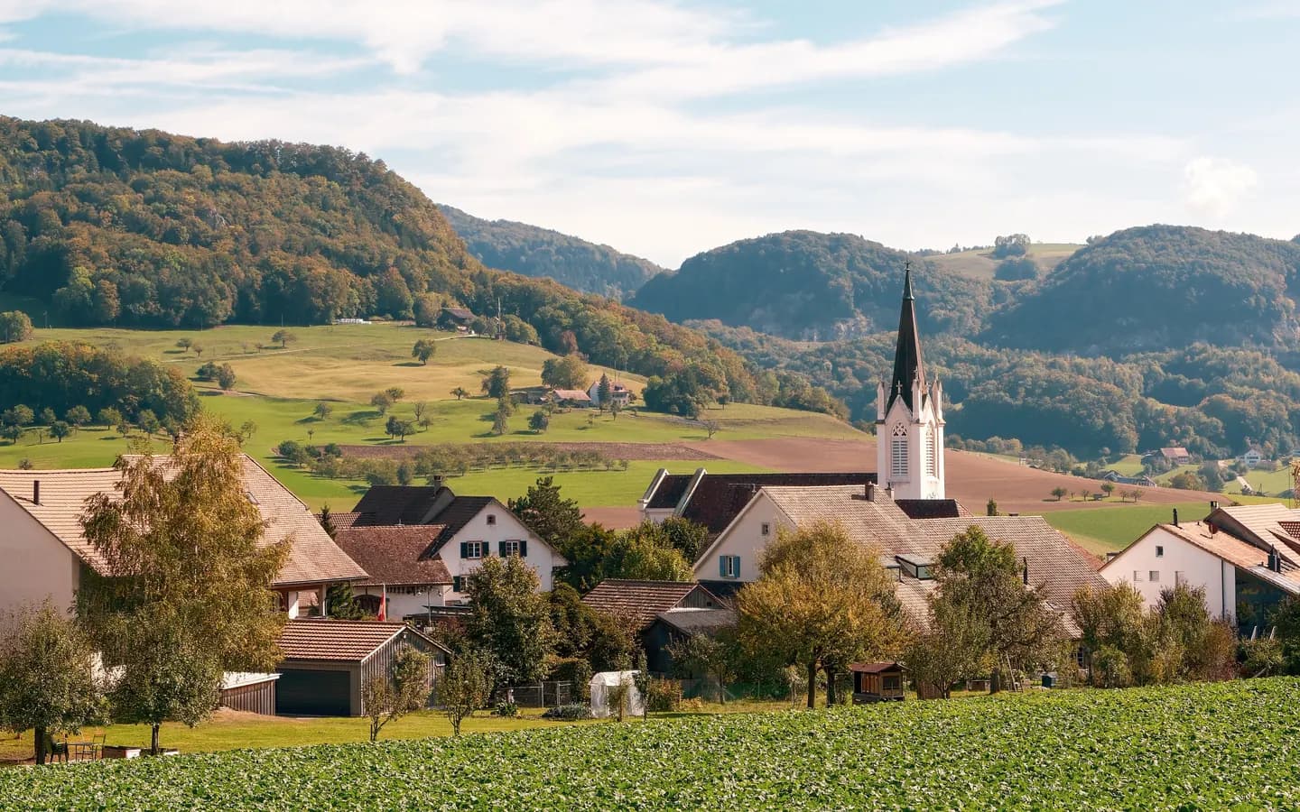A village of tiled roofs and a church spire set among orchards and rolling hills