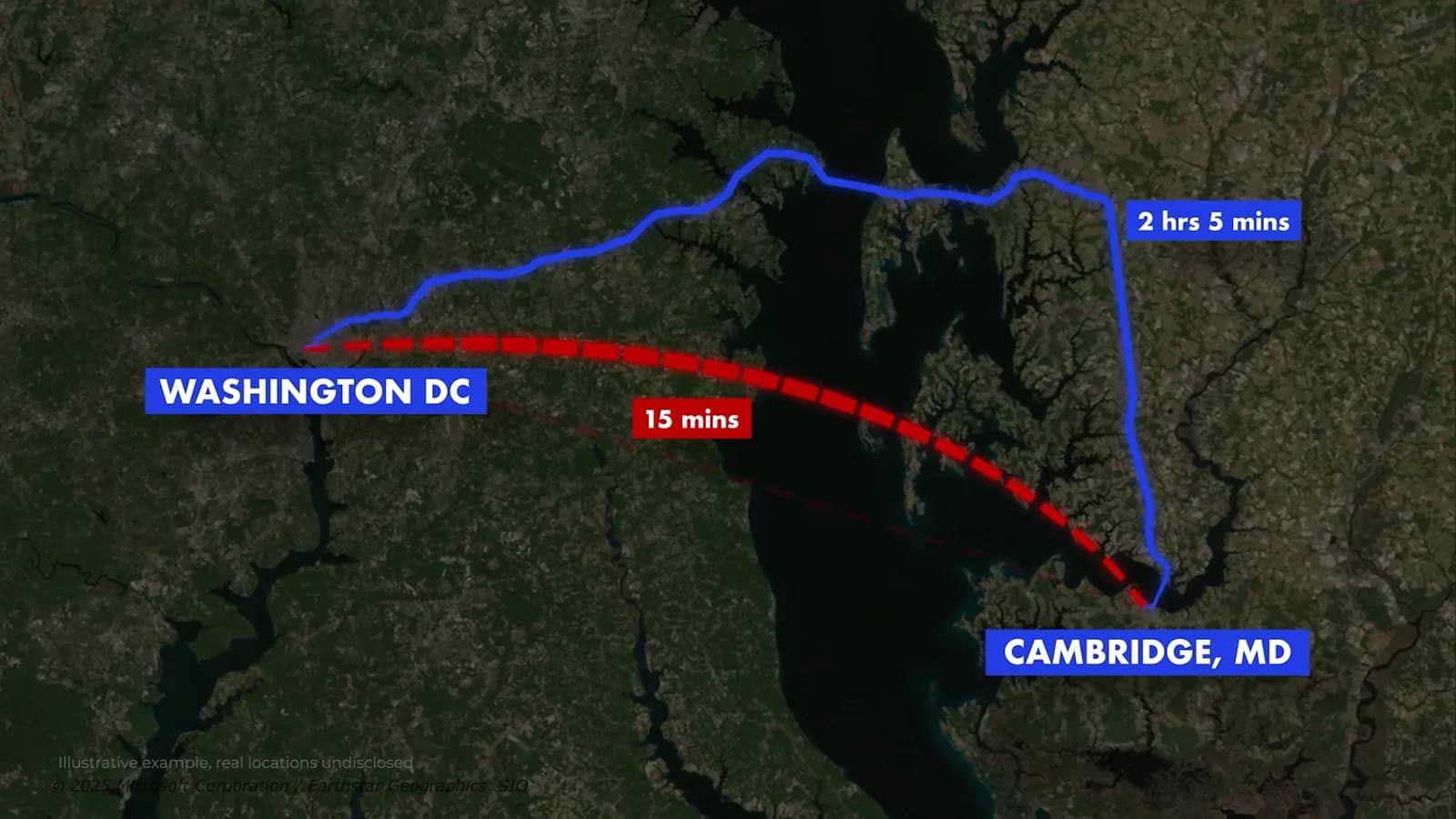 Map comparing travel time from Washington DC to Cambridge, MD by route